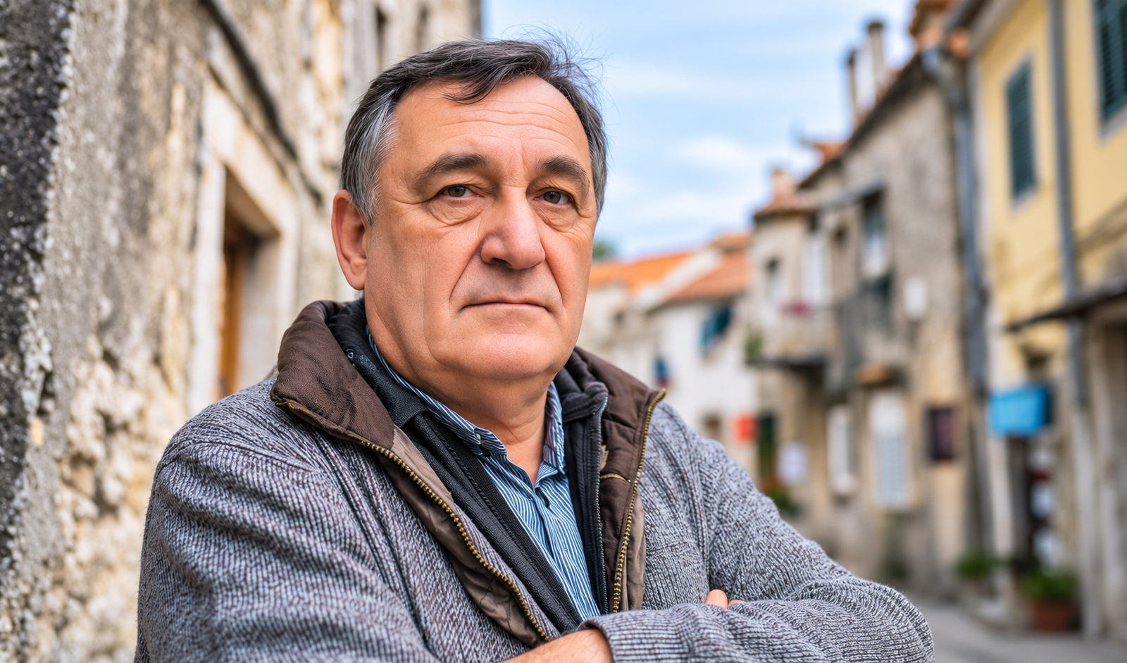 Stariji muškarac ozbiljnog izraza lica stoji prekriženih ruku u uskoj kamenoj ulici, djelujući nezadovoljno ili zamišljeno, u toploj zimskoj jakni i sivom puloveru.