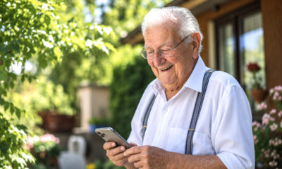 Stariji muškarac sa smiješkom čita poruke na mobitelu u vrtu.