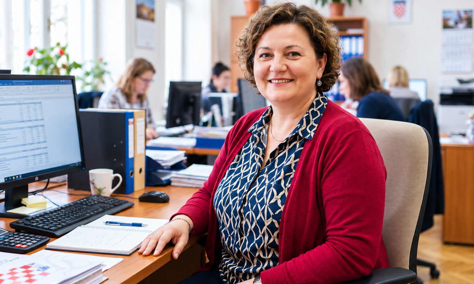 Nasmiješena pedesetogodišnja računovotkinja u crvenoj vesti sjedi za radnim stolom ispred računala u uredu.
