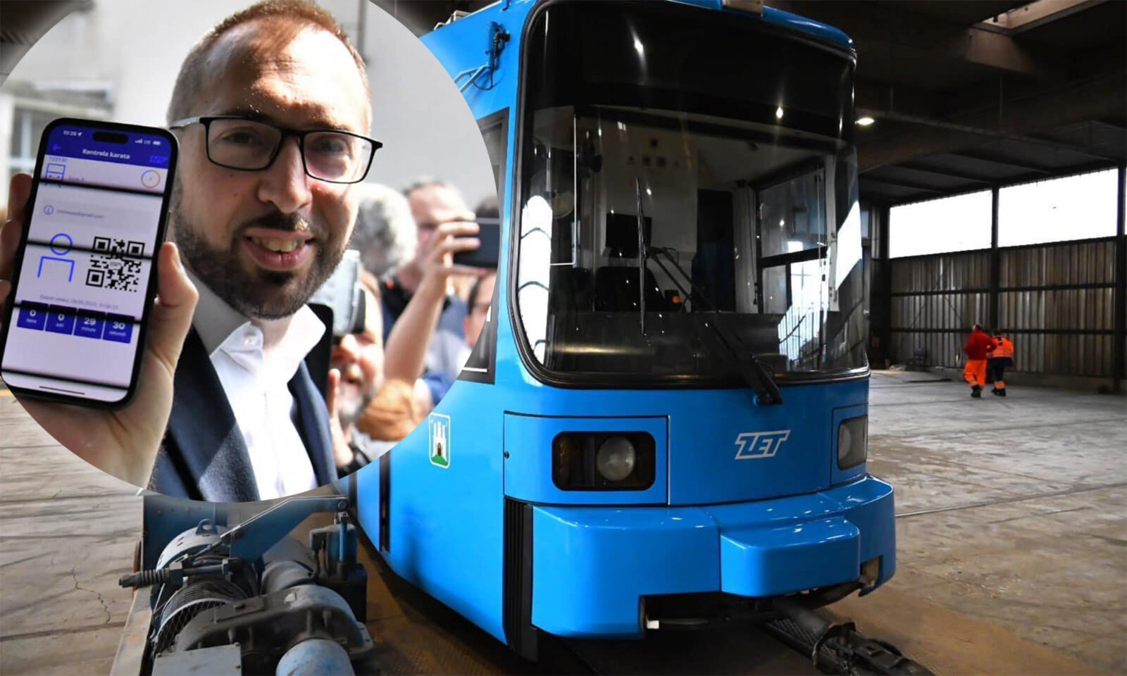 Gradonačelnik Tomašević s tramvajem iz Augsburga. Prikazuje dolazak prvog od 11 rabljenih tramvaja, ključnog koraka u unaprjeđenju zagrebačkog javnog prijevoza. Ova slika simbolizira angažman u osiguranju bolje mobilnosti uz ekonomske uštede.