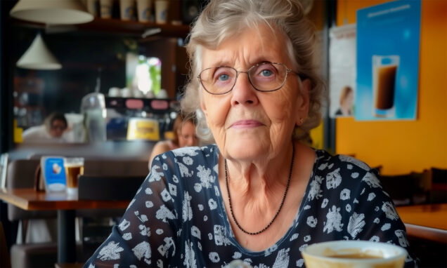 Starija žena sijede kose i naočala sjedi za stolom u kafiću, odjevena u tamnu bluzu s bijelim uzorkom, ozbiljna izraza lica, s kavom ispred sebe.
