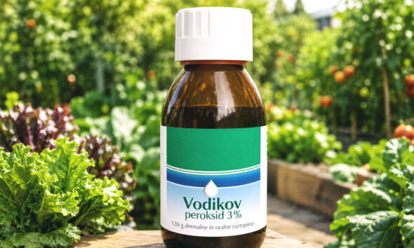 Bočica vodikovog peroksida u vrtu.