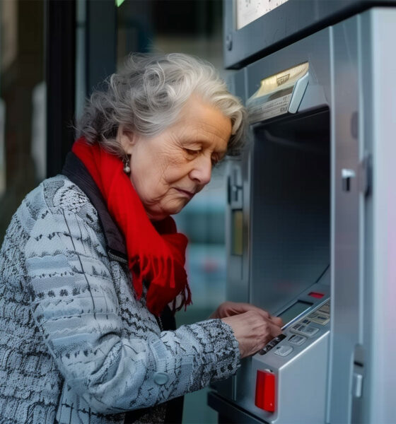 Starija žena u sivom kaputu i crvenom šalu koristi bankomat, što simbolizira svakodnevne izazove umirovljenika koji se suočavaju s visokim bankarskim naknadama. U kontekstu aktualnih rasprava o mogućim zakonskim promjenama, ova scena ilustrira borbu s financijskim preprekama koje često pogađaju one s najnižim primanjima.