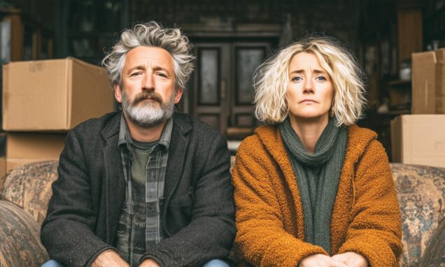 Razvedeni bračni par sjedi usred dnevne sobe pune kutija spakirane i podijeljene imovine.