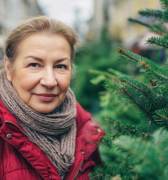 Žena na tržnici kupuje božićnu jelku.