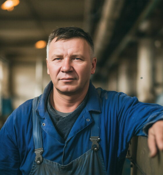 Muškarac u plavom radnom odijelu stoji u industrijskoj hali, naslonjen na metalnu ogradu, s ozbiljnim izrazom lica. U pozadini se naziru strojevi i dugačak hodnik tvornice.