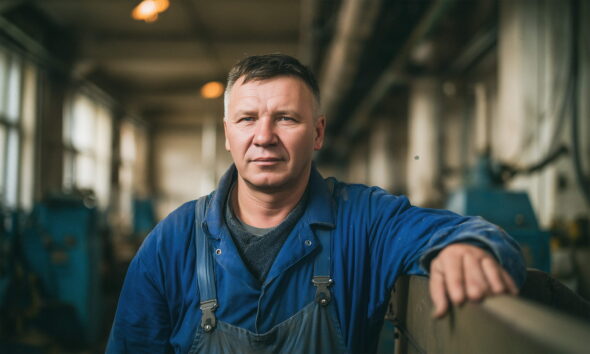 Muškarac u plavom radnom odijelu stoji u industrijskoj hali, naslonjen na metalnu ogradu, s ozbiljnim izrazom lica. U pozadini se naziru strojevi i dugačak hodnik tvornice.