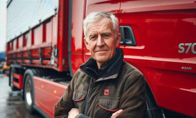 Stariji vozač kamiona stoji ispred crvene Scania S700 šleper prikolice, nasmijan i s prekriženim rukama.