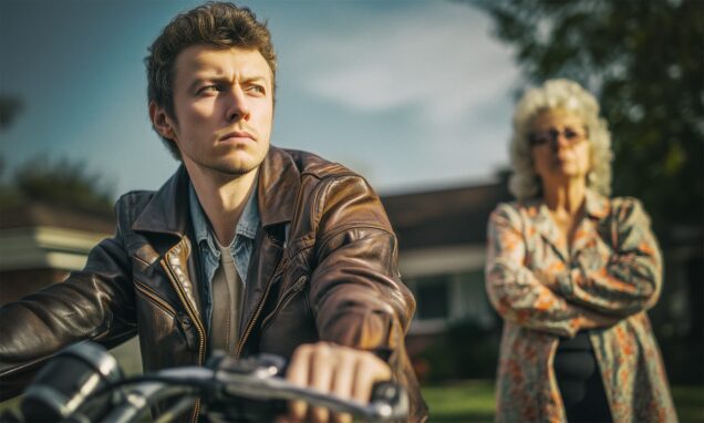 Mladi muškarac u kožnoj jakni sjedi na motociklu, zabrinutog izraza lica, dok ga u pozadini promatra punica s trajnom frizurom i prekriženim rukama, na sunčanom proljetnom danu.