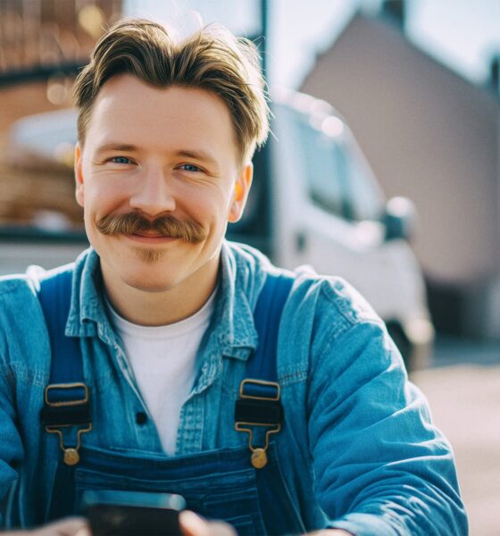Mladi muškarac s brkovima u traper kombinezonu nasmiješen sjedi vani i drži mobitel, u pozadini kombi i kuće u sunčanoj ulici.