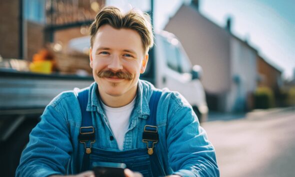Mladi muškarac s brkovima u traper kombinezonu nasmiješen sjedi vani i drži mobitel, u pozadini kombi i kuće u sunčanoj ulici.