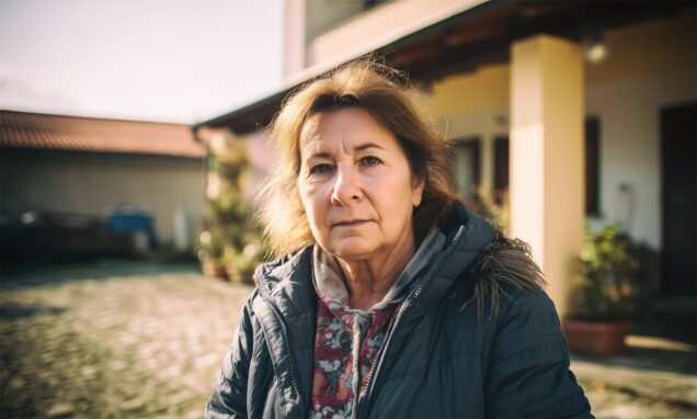 Portret starije žene ozbiljnog izraza lica, snimljen na proljetnom suncu u urednom seoskom dvorištu u Lici; nosi zimsku jaknu i gleda izravno u kameru, odajući snagu, umor i dostojanstvo žene koja se svakodnevno suočava s teškim životnim izazovima.