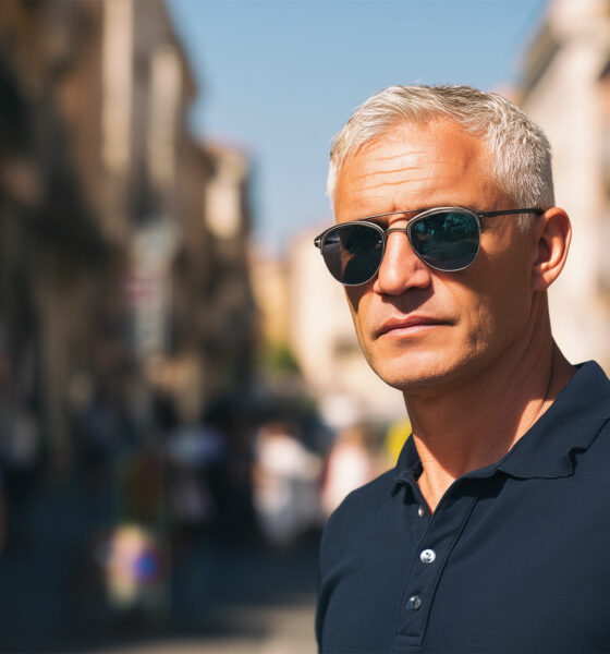 Muškarac u pedesetima sa sunčanim naočalama, ozbiljnog izraza lica, stoji na gradskoj ulici – simbolizira samopouzdanje i unutarnje preispitivanje karakteristično za srednju životnu dob.