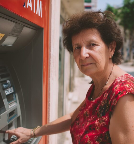 Starija žena u crvenoj haljini koristi bankomat na sunčanoj hrvatskoj ulici. Na licu joj je blagi izraz ozbiljnosti dok unosi PIN, a pozadina otkriva tipičan urbani ambijent s prolaznicima i zelenilom, uz osjećaj svakodnevice i lokalne atmosfere.