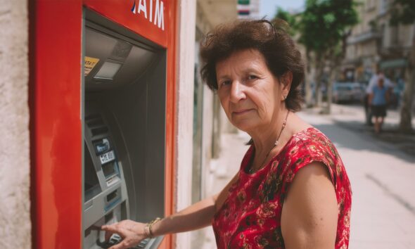 Starija žena u crvenoj haljini koristi bankomat na sunčanoj hrvatskoj ulici. Na licu joj je blagi izraz ozbiljnosti dok unosi PIN, a pozadina otkriva tipičan urbani ambijent s prolaznicima i zelenilom, uz osjećaj svakodnevice i lokalne atmosfere.