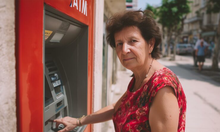 Starija žena u crvenoj haljini koristi bankomat na sunčanoj hrvatskoj ulici. Na licu joj je blagi izraz ozbiljnosti dok unosi PIN, a pozadina otkriva tipičan urbani ambijent s prolaznicima i zelenilom, uz osjećaj svakodnevice i lokalne atmosfere.