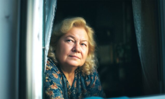 Starija žena svijetle kovrčave kose u kućnom ogrtaču s cvjetnim uzorkom stoji uz otvoreni prozor, pogledom usmjerenim prema van, djelomično zaklonjena prozirnom zavjesom, u ozračju tišine i razmišljanja.