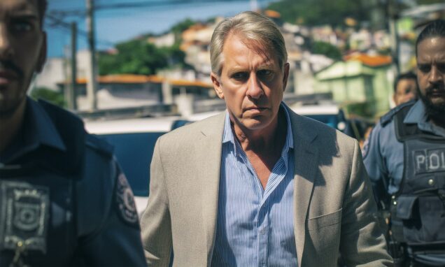 Uhićenje: Muškarac u sivoj jakni i košulji hoda između brazilskih policajaca u civilu, ozbiljnog izraza lica, na sunčanom danu u urbanom dijelu Brazila.