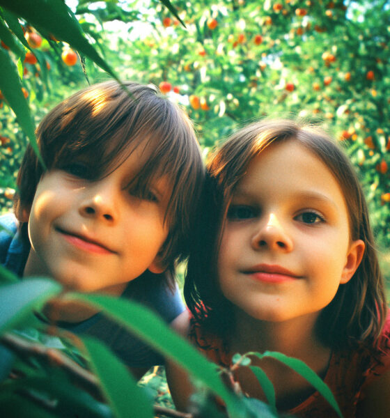 Dvoje djece s osmijehom istražuju voćnjak prepun zrelih plodova u ljetnom okruženju – prizor bezbrižnog djetinjstva i povezanosti s prirodom.