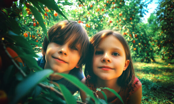 Dvoje djece s osmijehom istražuju voćnjak prepun zrelih plodova u ljetnom okruženju – prizor bezbrižnog djetinjstva i povezanosti s prirodom.