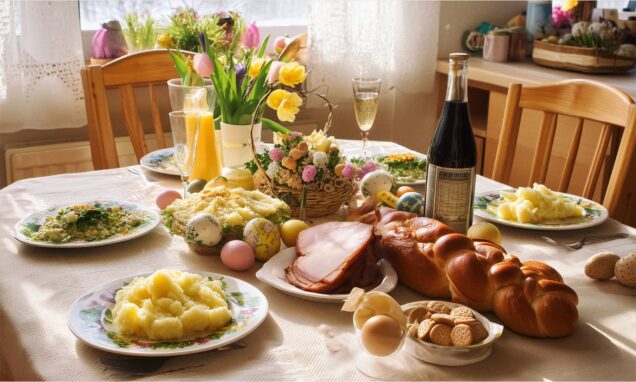 Uskrsno ukrašen stol s kuhanim jajima, proljetnim cvijećem i tradicionalnim dekoracijama u blagovaonici.