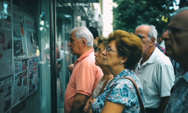 Skupina umirovljenika ozbiljnih izraza lica stoji ispred izloga s novinskim člancima, pažljivo čitajući vijesti. Fotografija zorno prikazuje zabrinutost i interes starijih građana za društvena i politička zbivanja koja izravno utječu na njihovu svakodnevicu. Snimljeno na ulici, u dnevnom svjetlu.
