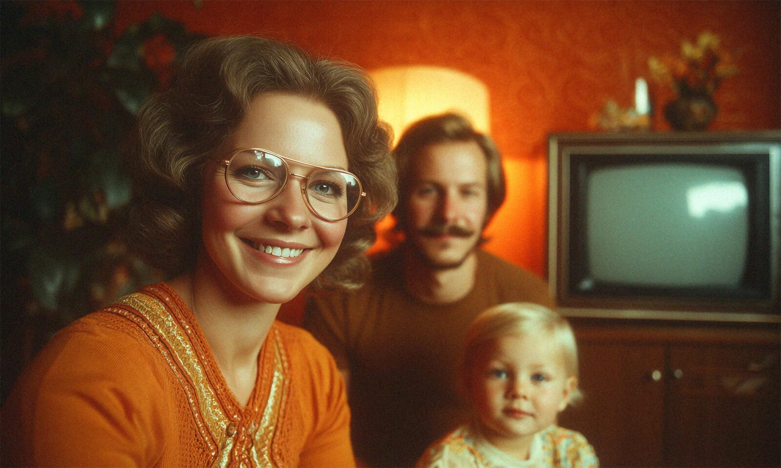 **SEO meta opis fotografije:** Obiteljski portret iz 1970-ih prikazuje nasmijanu ženu s velikim naočalama, muškarca s brkovima i dijete ispred starog televizora u retro dnevnoj sobi, obasjanoj toplim svjetlom lampe.