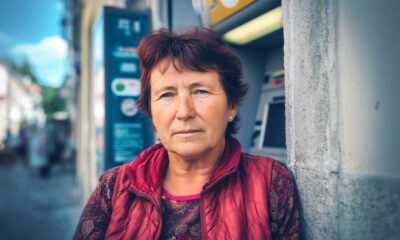 Starija žena kratke tamnocrvene kose stoji naslonjena na zid pored bankomata, odjevena u bordo prsluk i šarenu bluzu, s ozbiljnim izrazom lica na gradskoj ulici.