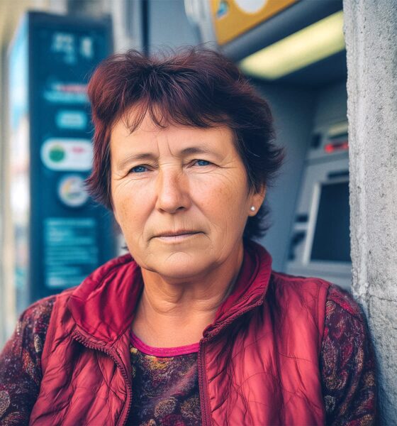 Starija žena kratke tamnocrvene kose stoji naslonjena na zid pored bankomata, odjevena u bordo prsluk i šarenu bluzu, s ozbiljnim izrazom lica na gradskoj ulici.