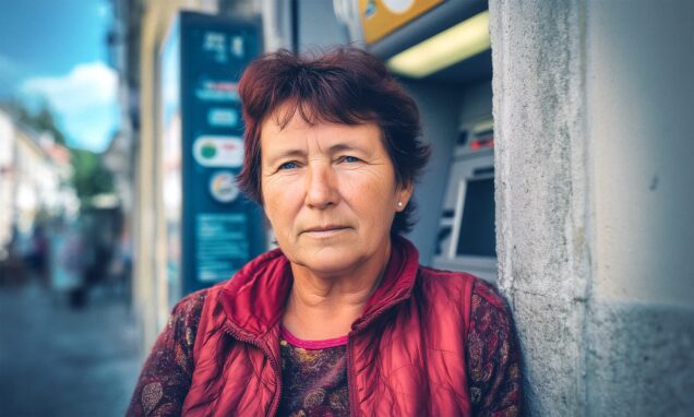 Starija žena kratke tamnocrvene kose stoji naslonjena na zid pored bankomata, odjevena u bordo prsluk i šarenu bluzu, s ozbiljnim izrazom lica na gradskoj ulici.