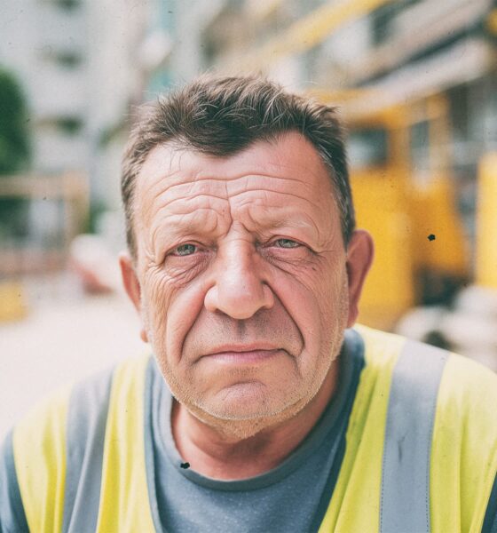 Građevinski radnik srednjih godina u reflektirajućem prsluku gleda ravno u kameru na gradilištu u pozadini – portret s fokusom na izražajno lice i svakodnevni radni ambijent.