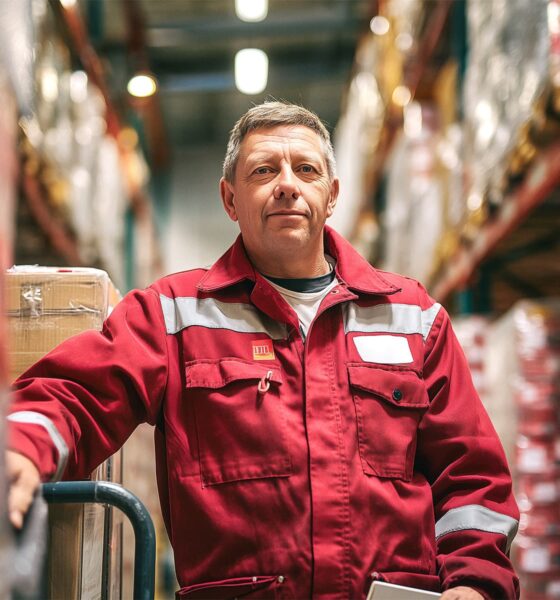 Muškarac u crvenom radnom odijelu stoji u skladištu među visokim policama s robom, ozbiljnog izraza lica, s rukom oslonjenom na kolica za transport.