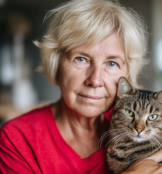 Starija žena svijetle kose u crvenoj majici sjedi u dnevnom boravku i nježno drži tigrastu mačku u naručju, obje mirnog pogleda usmjerenog prema kameri.