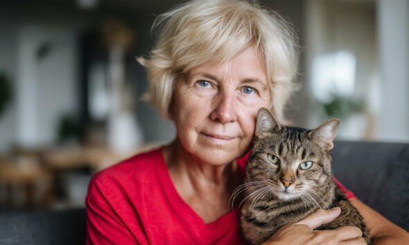 Starija žena svijetle kose u crvenoj majici sjedi u dnevnom boravku i nježno drži tigrastu mačku u naručju, obje mirnog pogleda usmjerenog prema kameri.
