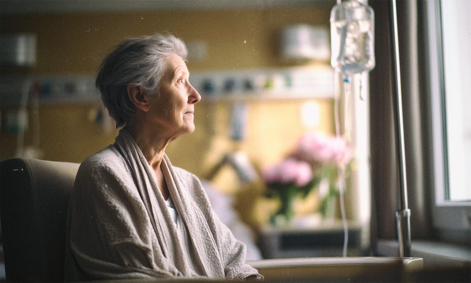 Starija žena u bolničkoj sobi mirno sjedi u naslonjaču i gleda kroz prozor, dok pored nje visi infuzija – trenutak tišine i dostojanstva u iščekivanju medicinski potpomognute smrti.
