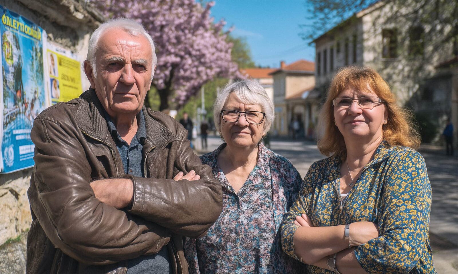 Troje starijih građana ozbiljnih izraza lica stoji s prekriženim rukama na ulici u proljeće, ispred plakata i drveća u cvatu, simbolizirajući zabrinutost i odlučnost u kontekstu lokalnih izbora ili društvenih pitanja.
