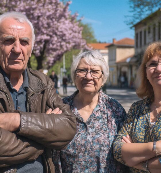 Troje starijih građana ozbiljnih izraza lica stoji s prekriženim rukama na ulici u proljeće, ispred plakata i drveća u cvatu, simbolizirajući zabrinutost i odlučnost u kontekstu lokalnih izbora ili društvenih pitanja.