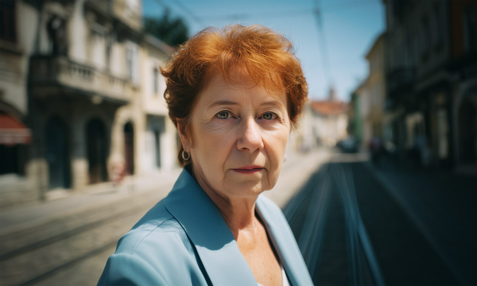 Starija žena kratke crvene kose i u plavom sakou stoji na tramvajskoj pruzi u staroj gradskoj ulici, ozbiljnog izraza lica pod jarkim dnevnim svjetlom.