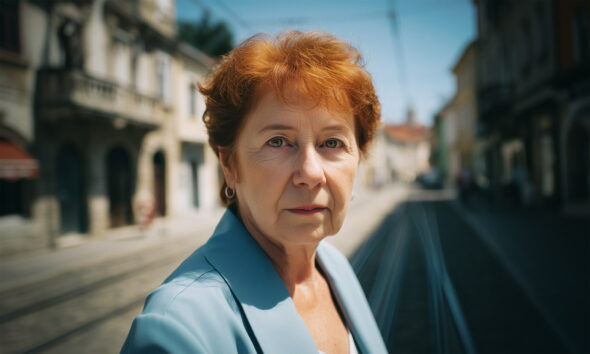 Starija žena kratke crvene kose i u plavom sakou stoji na tramvajskoj pruzi u staroj gradskoj ulici, ozbiljnog izraza lica pod jarkim dnevnim svjetlom.