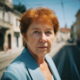Starija žena kratke crvene kose i u plavom sakou stoji na tramvajskoj pruzi u staroj gradskoj ulici, ozbiljnog izraza lica pod jarkim dnevnim svjetlom.