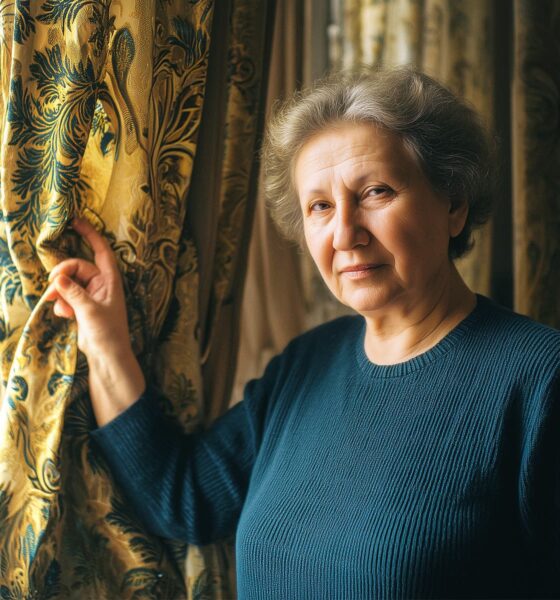 Starija žena sijede kose i tamne majice stoji kraj prozora, pridržava raskošnu zlatno-plavu zavjesu i gleda mirno prema kameri u toplom, kućnom ambijentu.