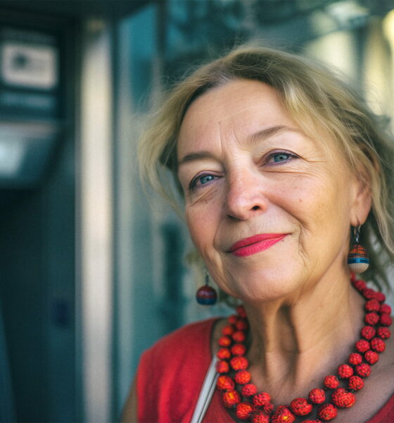 Našminkana starija žena s razbarušenom kosom, šarenim naušnicama i ogrlicom od crvenih kuglica stoji nasmijana ispred bankomata na gradskoj ulici, odjevena u crvenu ljetnu haljinu.