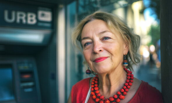 Našminkana starija žena s razbarušenom kosom, šarenim naušnicama i ogrlicom od crvenih kuglica stoji nasmijana ispred bankomata na gradskoj ulici, odjevena u crvenu ljetnu haljinu.