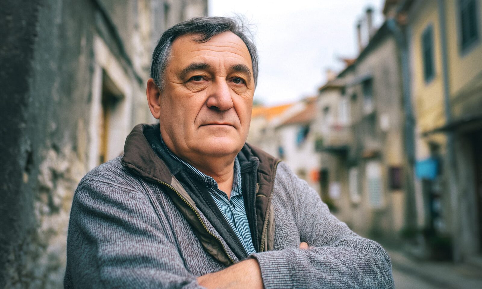 Stariji muškarac ozbiljnog izraza lica stoji prekriženih ruku u uskoj kamenoj ulici, djelujući nezadovoljno ili zamišljeno, u toploj zimskoj jakni i sivom puloveru.