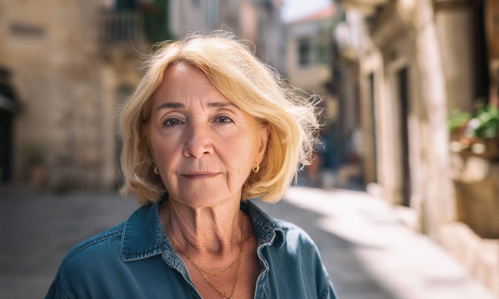 Starija žena plave kose i zlatnog nakita stoji na osunčanoj kamenoj ulici mediteranskog grada, odjevena u traper košulju, s ozbiljnim ali smirenim izrazom lica.
