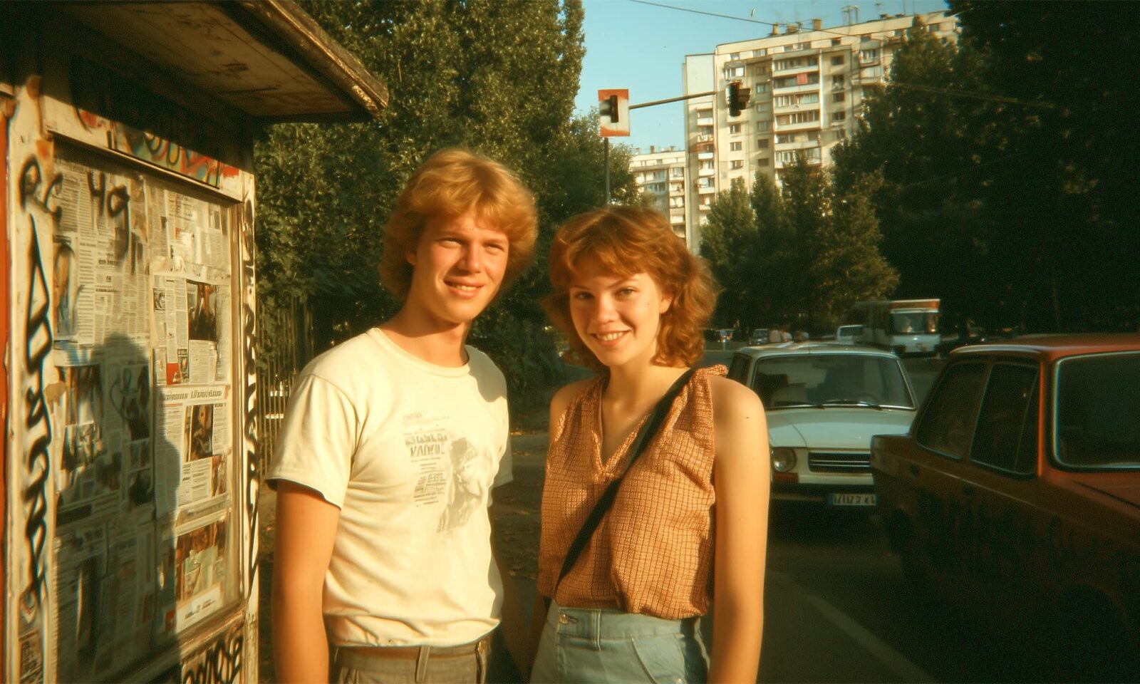 Autentična scena iz Jugoslavije 1980-ih: mladi par nasmijanih lica pozira na prometnoj ulici, okružen starim automobilima i oglasima iz novina – sjećanje na bezbrižno doba.