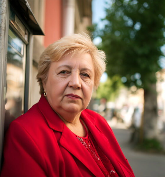 Starija žena u crvenom kaputu stoji pokraj bankomata, ozbiljnog izraza lica, simbolično prikazujući iščekivanje mirovine i svakodnevne financijske brige umirovljenika.