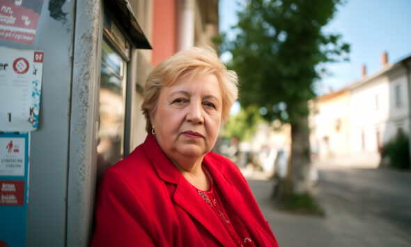 Starija žena u crvenom kaputu stoji pokraj bankomata, ozbiljnog izraza lica, simbolično prikazujući iščekivanje mirovine i svakodnevne financijske brige umirovljenika.