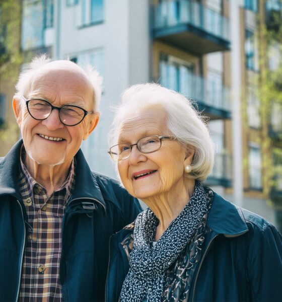 Nasmijani stariji par s naočalama pozira na otvorenom ispred moderne stambene zgrade, obasjani dnevnim svjetlom i odjeveni u tamnoplave jakne.