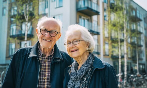 Nasmijani stariji par s naočalama pozira na otvorenom ispred moderne stambene zgrade, obasjani dnevnim svjetlom i odjeveni u tamnoplave jakne.